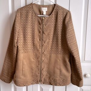Chico’s Tan Faux Suede Jacket Perforated eyelet Scalloped Zip SZ 1(Chico)=SZ M